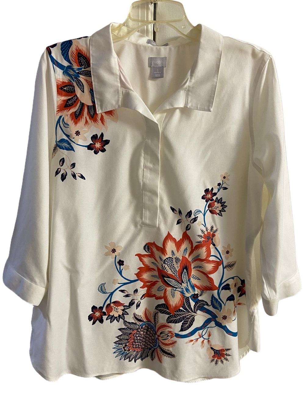 Chico’s Floral Print Collared Non Iron Stretch Chic Top White Orange Blue Sz 12